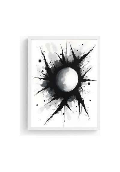 Beyaz Ahşap Çerçeveli Soyut Siyah-beyaz Desenli Tablo - Minimal Huhu1184
