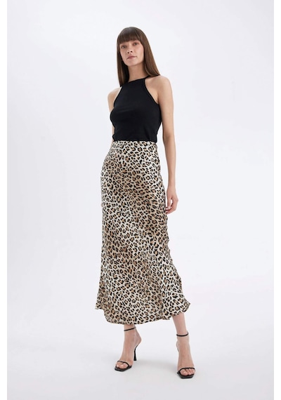 Defacto Straight Fit Normal Bel Leopar Desenli Saten Maxi Etek D6886axnser103 Ekru