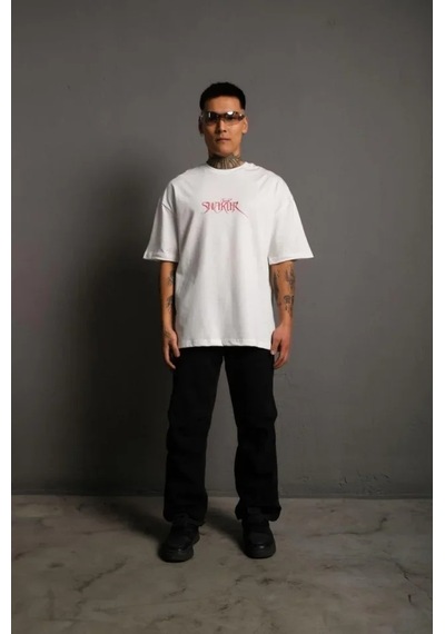 Modi Erkek Oversize Tişört Beyaz 24/1 Penye Kumaş, Bisiklet Yaka, Ön - Arka Baskılı, Streetwear Tarzı Rahat Büyük Kalıp T-shirt- Beyaz