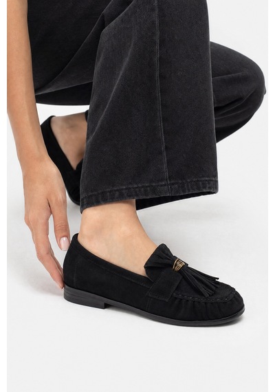 Luvi Shoes Marston Siyah Süet Püsküllü Kadın Loafer Ayakkabı