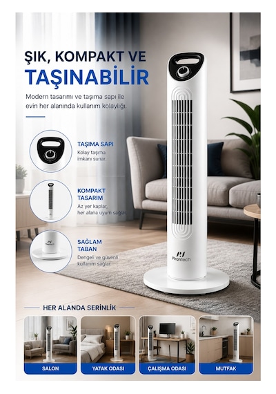 Pirantech Ev-30 Kule Tipi Vantilatör Sessiz Çalışma Şık Ve Modern Tasarım Ev Ve Ofis Kullanımı