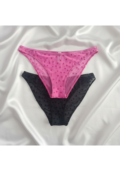 Bonbon Kadın Transparan Kalp Figürlü 2'li Paket Slip Külot Bb2178 Fuşya - Siyah
