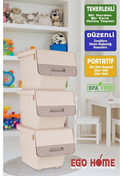 3lü Tekerlekli Oyuncak Düzenleme Dolabı Kapaklı Saklama Kutusu Oyuncak Sepeti Çok Amaçlı Mote 36 Lt Kahverengi