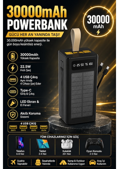 30000mah Güneş Enerjili Powerbank 22.5w Hızlı Şarj 4 Usb Çıkışlı Dahili Kablolu Taşınabilir Harici Batarya 30.000 Mah