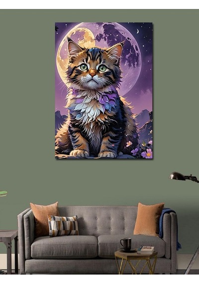 Kanvas Tablo Yavru Kedi Ve Dolunay 100cmx140cm
