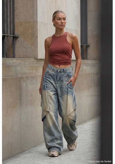 Kadın Kot Rengi Baggy Fit T13t Özel Tasarım Denim Jean Mavi