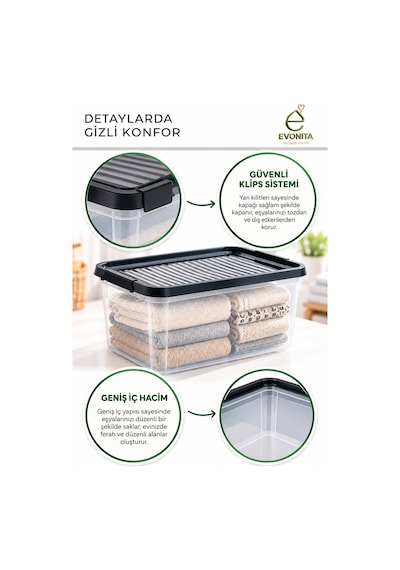 Evonıta 16 Lt Kapaklı Saklama Kutusu Clearbox Şeffaf Çok Amaçlı Organizer Kutu Siyah Kapaklı Düzenleyici