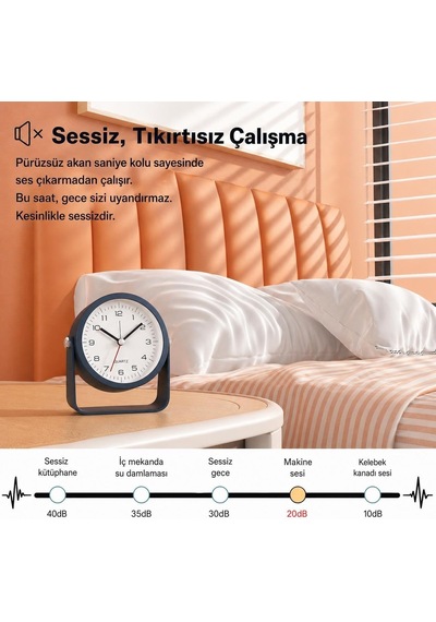 Valkyrie Sessiz Çalışan Mini Masa Saati / Akıcı Mekanizma, Gece Işıklı, Şık Dekoratif Lacivert
