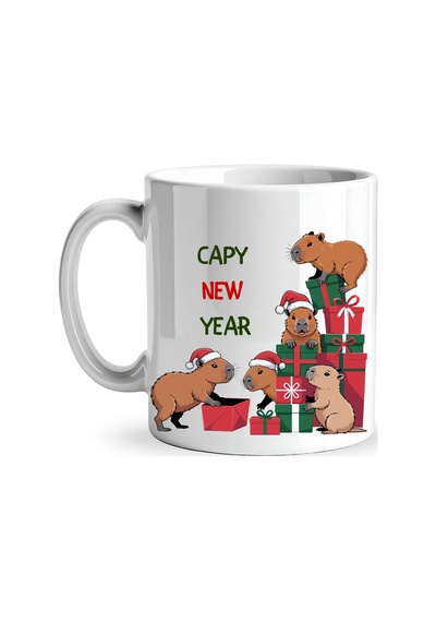 Capy New Year Yazılı Kapibara Yılbaşı Temalı Kupa Model 218 Baskılı Seramik Kahve Kupası Çok Renkli