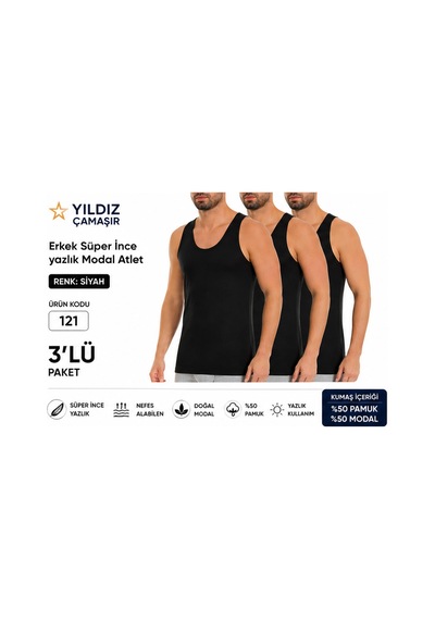 Yıldız Çamaşır Erkek Yazlık Süper İnce Modal Atlet 120-121 - 3 Adet Siyah