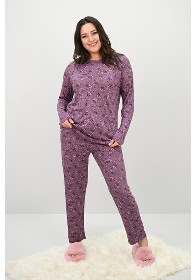 Kadın Büyük Beden Çiçek Desenli Uzun Kollu Pijama Takımı 4235-25 Siyah