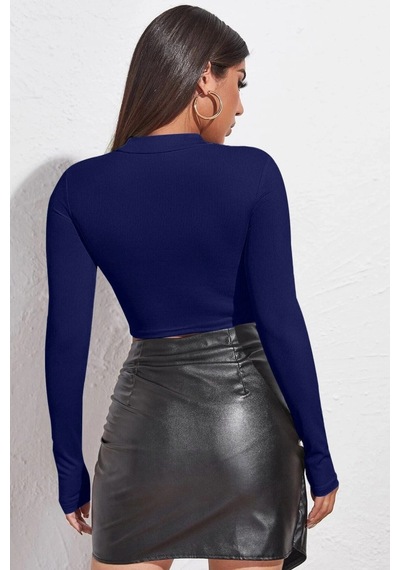Beru Kadın Lacivert Göğüs Dekolteli Uzun Kollu Cut Out Crop Top Bluz L - XL