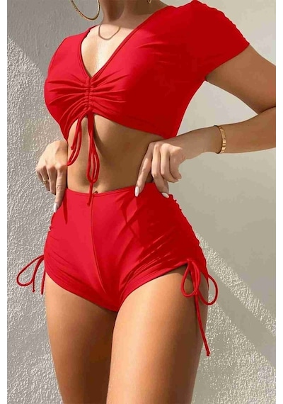 Angelsin Özel Tasarım Yarım Kol Büzgü Detaylı Bikini Üstü Kırmızı 001