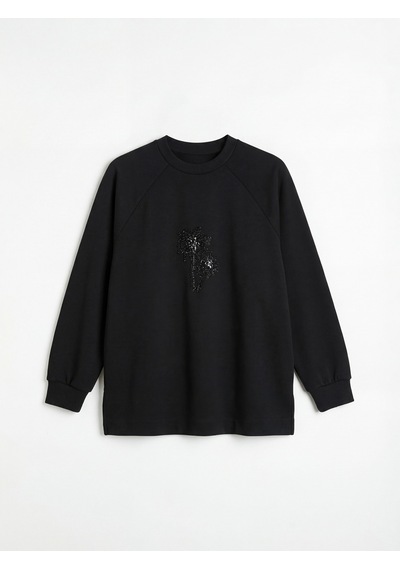 Lcw Modest Siyah Bisiklet Yaka Boncuk İşlemeli Kadın Sweatshirt Tunik