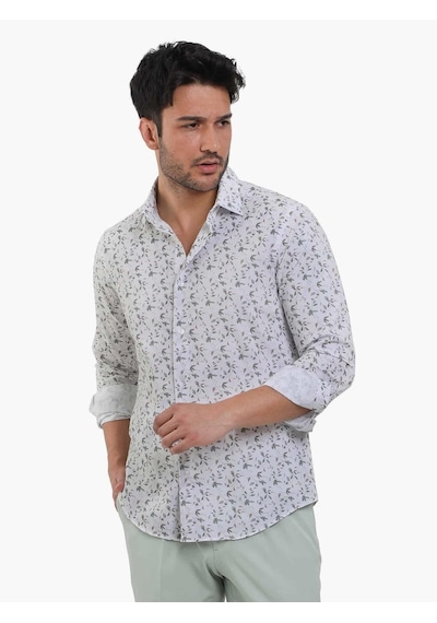 Dufy Yeşil Erkek Slim Fit Çiçek Desenli Brent Yaka Uzun Kol Gömlek - 104785-yeşil Yeşil