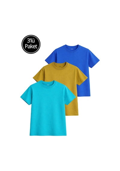 Kadın 3'lü Paket Hardal-turkuaz-saks Mavi %100 Pamuk Oversize Basic Tişört Bisiklet Yaka Relaxed T-shirt Beyaz-antrasit-lila
