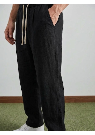 Danger Erkek Baggy Kalıp Beli Lastikli %100 Pamuk Keten Görünümlü Pantolon Siyah 1007dngr