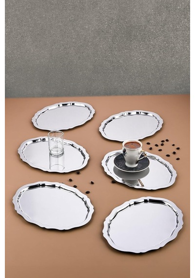 6 Adet Oval Dalgalı Sade Kahve Ve Sunum Tepsisi 20 Cm X 25 Cm, Gümüş