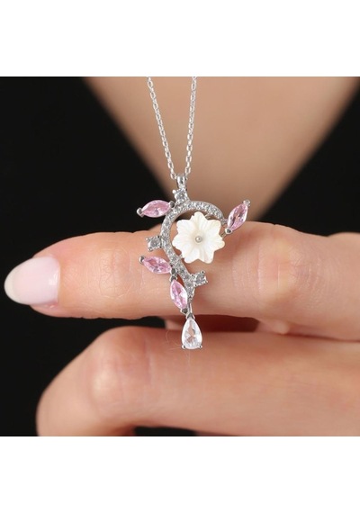 Mia vento Manolya Çiçeği Pembe Kristal Yansıması Flowers Gümüş Kolye