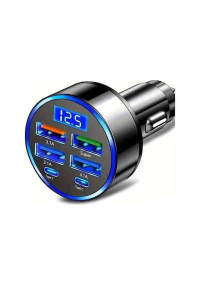 6 Portlu Hızlı Araç Şarj Cihazı 4 Usb + 2 Type-c Çıkışlı Dijital Göstergeli Oto Şarjı