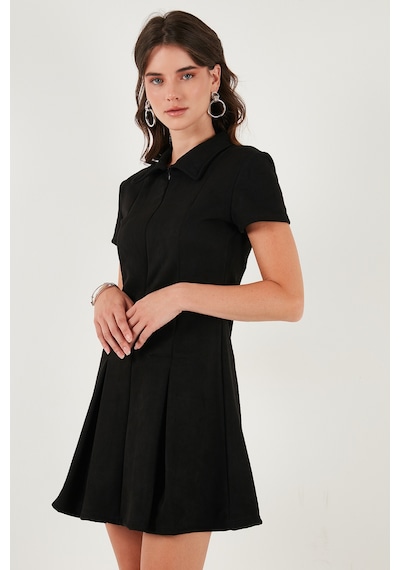 Lela Regular Fit Fermuarlı Polo Yaka Kısa Kollu Pileli Süet Bayan Elbise 5866438 Siyah