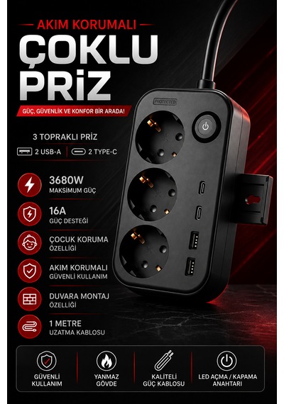 Akım Korumalı 3'lü Topraklı Priz 2 Usb-a 2 Type-c 3680w 16a Anahtarlı Duvara Monte Edilebilir Çoçuk Korumalı 1 M