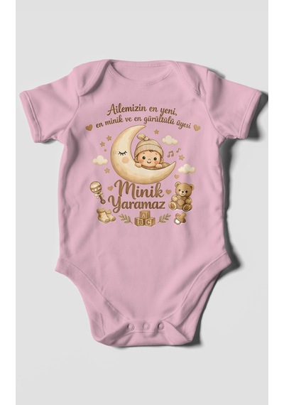 Morivokids Ailemizin En Yeni Yazılı Kısa Kollu Bebek Body %100 Pamuk Koyu Pembe