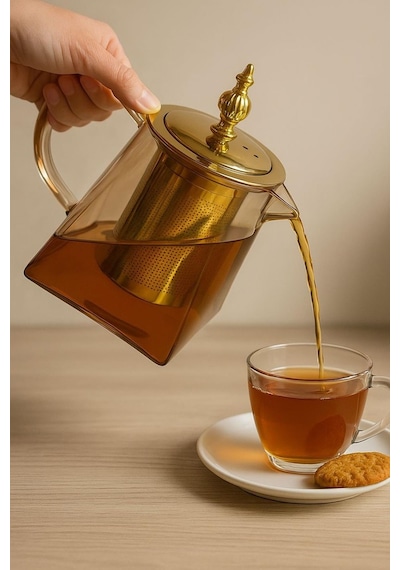 Borosilikat Cam Amber Demlik 750ml Süzgeçli Bitki Demliği Şeffaf
