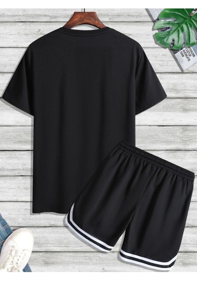 Altamira Erkek Siyah Bar Code Baskılı Şeritli Şort T-shirt Takım 001