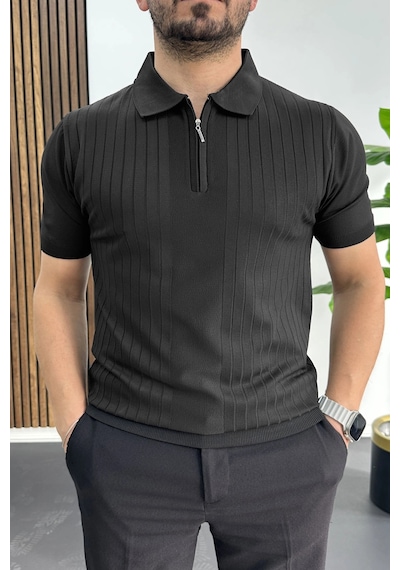 Erkek Çizgi Desenli Polo Yaka Siyah Edw458 Siyah
