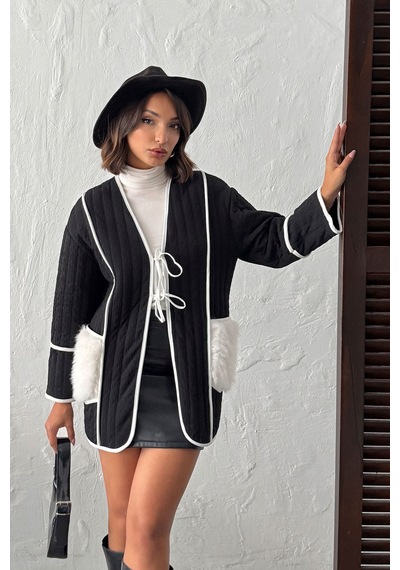 Verymoda Peluş Cep Detaylı Kapitone Ceket Siyah