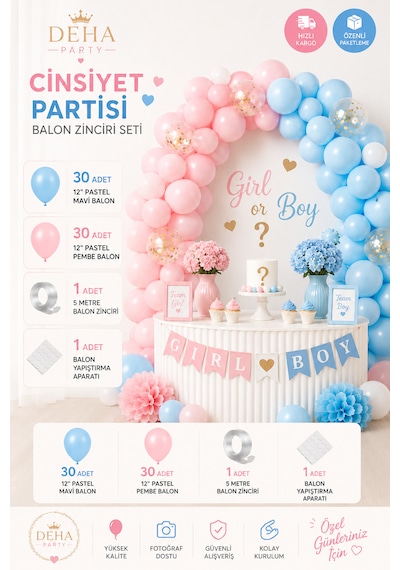 Cinsiyet Partisi Balon Zinciri Süsleme Seti 30 Mavi Balon, 30 Pembe Balon, Balon Yapıştırma + Zincir Mavi - Pembe