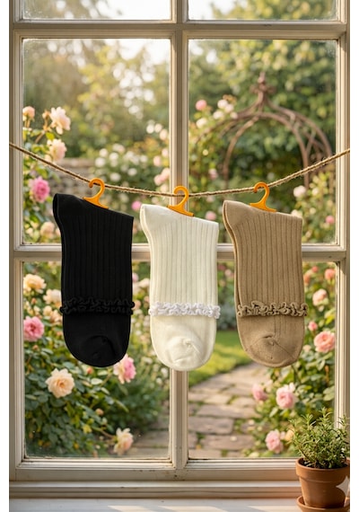 Heren Socks Heren Lastik Fırfırlı 3'lü Kadın Çorap , Fitilli Fırfırlı Kolej Boy Ekru - Bej - Siyah Heren Socks Heren Lastik Fırfırlı 3'lü Kadın Çorap , Fitilli Fırfırlı Kolej Boy Ekru - Bej - Siyah