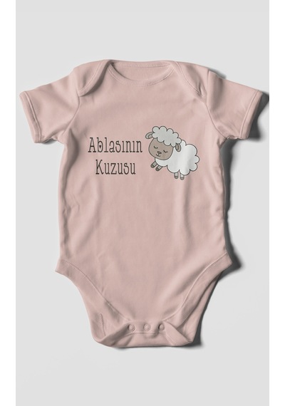 Ablasının Kuzusu Baskılı Bebek Zıbını Çıtçıtlı Body %100 Pamuk Kısa Kol Pastel Pembe