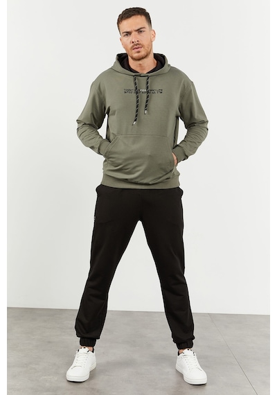 Tommy Life Çağla - Siyah Kapüşonlu Kanguru Cep Lastik Paça Erkek Oversize Eşofman Takımı - 85117 Yeşil - Siyah