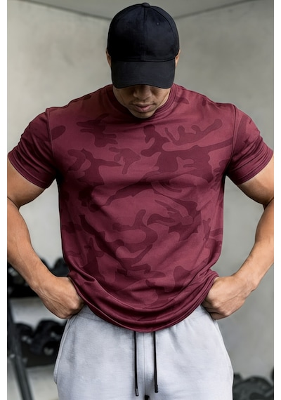 Serablanka Erkek Nem Emici Hızlı Kuruma Atletik Teknik Kamuflaj Desenli Spor T-shirt Bordo