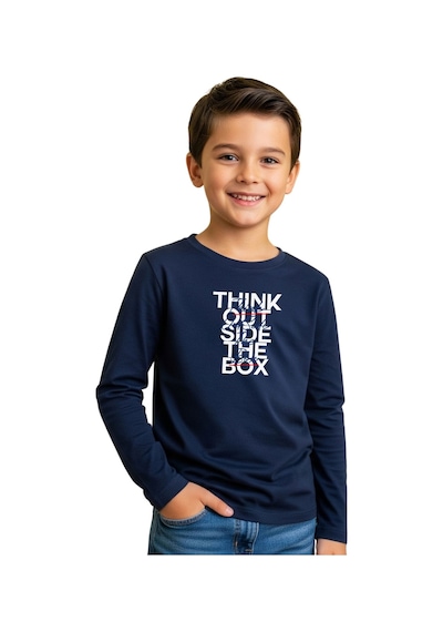 Panios Kids Düz Yuvarlak Yaka Think Out Baskı Detaylı Erkek Çocuk Sweatshirt Lacivert