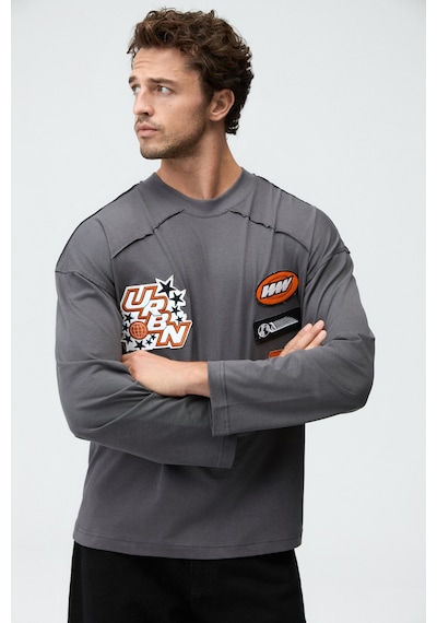 Grimelange Tıtus Erkek Organik Pamuklu Aplikeli Uzun Kollu Gri T-shirt