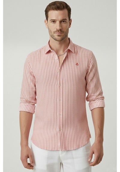 Rizzup Turuncu Slim Fit Çizgili %100 Pamuk Erkek Gömlek Nefes Alan Şık Günlük Gömlek 2602626
