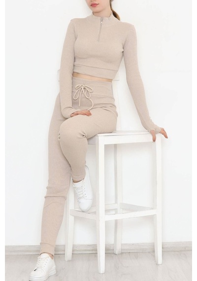Mokashopin - Fermuarlı Crop Takım Bej - 12130.1748. 001