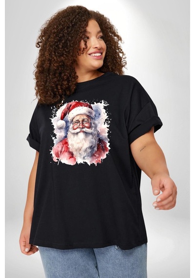 Angemiel Mutlu Noel Baba Yeni Yıl Tasarımı Siyah Büyük Beden Erkek Kadın Unisex Basic Ön Baskılı Tişört Siyah