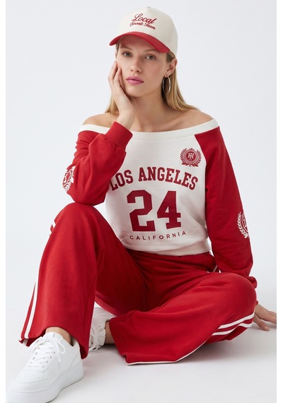 Ritnice Kadın Stone Kayık Yaka Sweatshirt Şeritli Alt Eşofman Kırmızı Alt Üst Takım