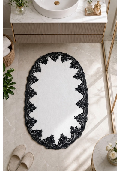 Beyaz İşlemeli Kaymaz Deri Tabanlı Oval Banyo Paspası Güpürlü Yıkanabilir Banyo Takımı Piera