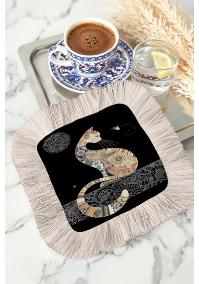 Bohem Patchwork Kedi Saçaklı Sunum Peçetesi - Siyah Zemin Etnik Altın Renkli Bardak Altlığı Mendil Çok Renkli