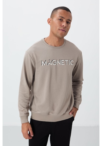 Tommy Life Camel Yazı Nakışlı O Yaka Rahat Form İçi Polarlı Erkek Sweatshirt - 88020 CAMEL