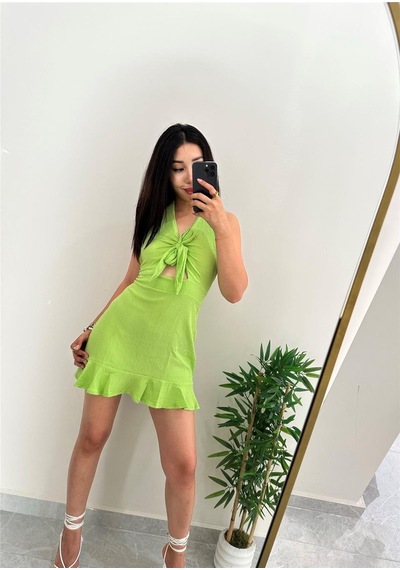 Simli Moda Sırt Dekolteli Önü Bağlamalı Bürümcük Yeşil Elbise Yeşil