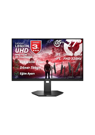 Lenovo Legion 27u-10 27" 0.5 Ms Mprt Uhd:160hz, Fhd:320hz 2xhdmı-dp G-sync, Amd Freesync Premium Uhd 3840 X 2160 Pivot Ips Panel Wled Monitör 67d1gac1tk