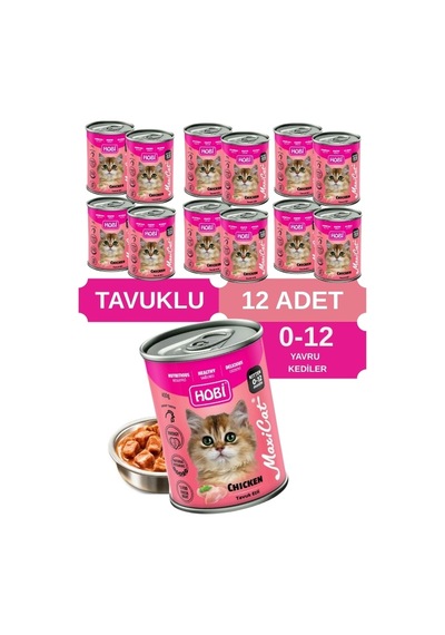 Hobi Maxicat Tavuklu Yavru Kedi Konservesi 400 Gr X 12 Adet - Vitamin Destekli, Tam Ve Dengeli Mama