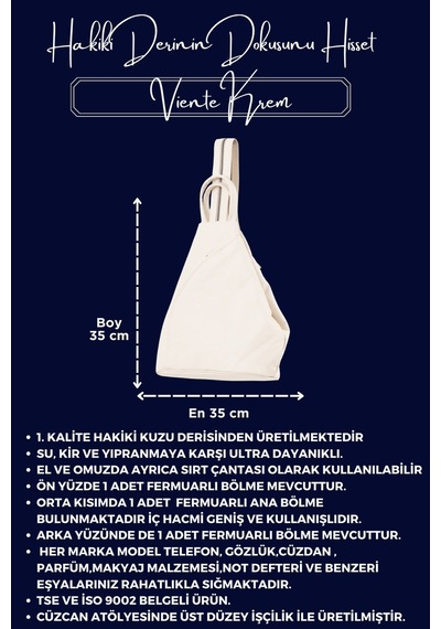 Viente Krem Hakiki Deri Kadın El Omuz Ve Sırt Çantası Krem