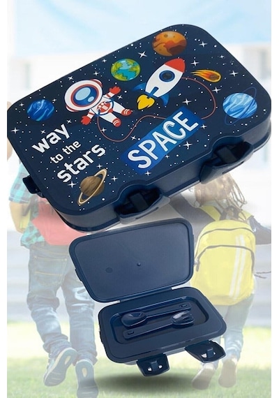 Lisanslı 4 Bölmeli Beslenme Kutusu Yemek Saklama Kabı - Beslenme Çantası Çocuk Piknik Seti Mama Kabı Space